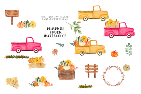 Pink Vintage Trucks Clipart + Pumpkin
