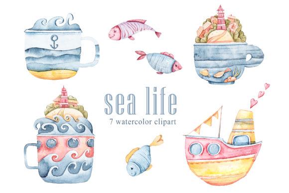 Watercolor Cute Sea Animals Clipart Set