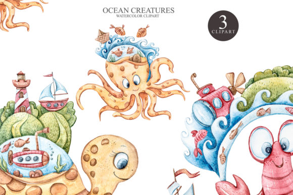 Watercolor Underwater Clipart. Fantasy