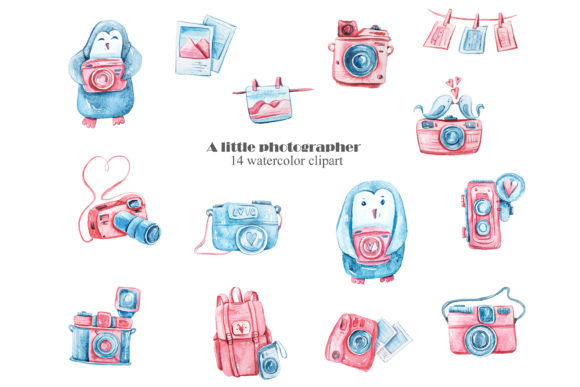 Watercolor Valentine Clipart + Camera PNG